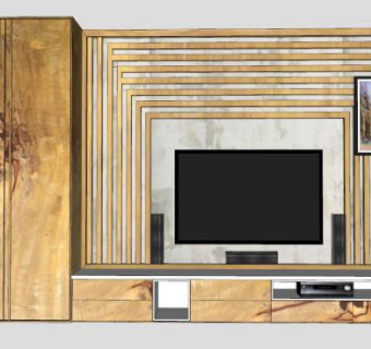 原木电视柜电视墙SU模型下载_sketchup草图大师SKP模型