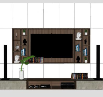 现代传统的电视柜背景墙SU模型下载_sketchup草图大师SKP模型