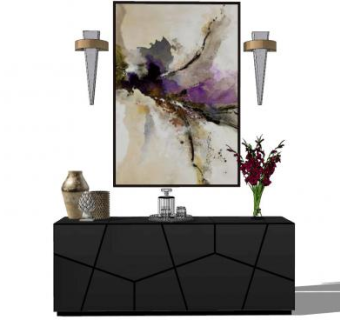 欧简矮柜花瓶装饰挂画壁灯SU模型下载_sketchup草图大师SKP模型