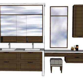 现代双人洗手池浴室柜带凳子SU模型下载_sketchup草图大师SKP模型