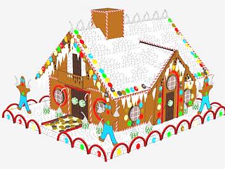 圣诞树下作装饰用的姜饼屋甜品SU模型下载_sketchup草图大师SKP模型
