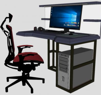 电脑桌显示器键盘耳机旋转椅SU模型下载_sketchup草图大师SKP模型