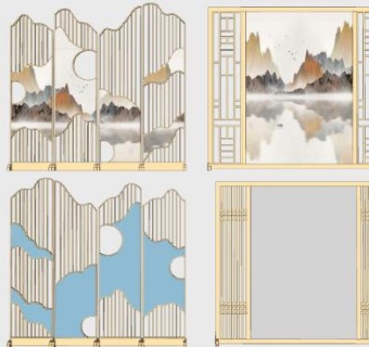 新中式室内屏风隔断SU模型下载_sketchup草图大师SKP模型