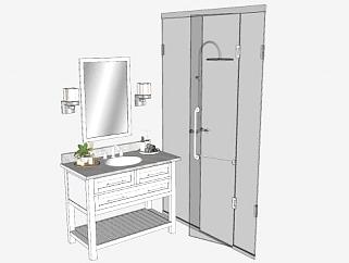 浴室玻璃隔断门和台盆柜SU模型下载_sketchup草图大师SKP模型