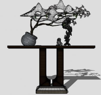 边桌上的中式石狮子盆景摆件SU模型下载_sketchup草图大师SKP模型