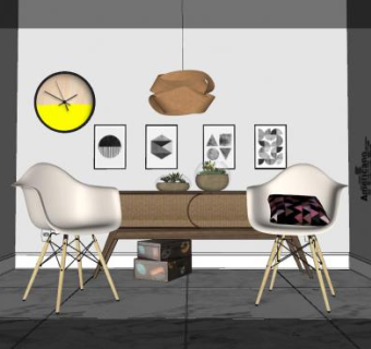 现代椅子边桌家具和时钟吊灯SU模型下载_sketchup草图大师SKP模型