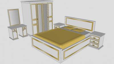 欧简卧室家具床铺衣柜梳妆台SU模型下载_sketchup草图大师SKP模型