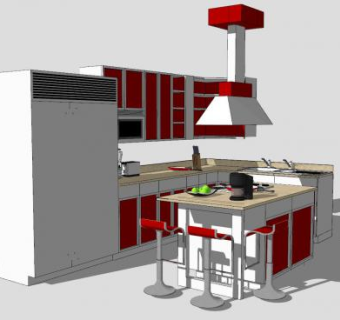 开放式厨房橱柜吧台一体SU模型下载_sketchup草图大师SKP模型