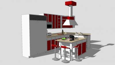 开放式厨房橱柜吧台一体SU模型下载_sketchup草图大师SKP模型