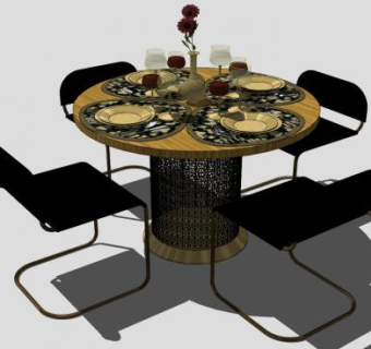 现代精美圆形小餐桌椅SU模型下载_sketchup草图大师SKP模型
