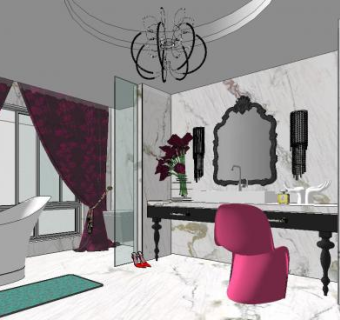 大理石风格整体浴室SU模型下载_sketchup草图大师SKP模型