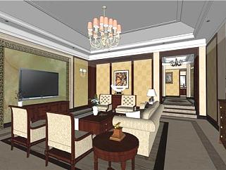 新中式客厅餐厅卧室整体SU模型下载_sketchup草图大师SKP模型
