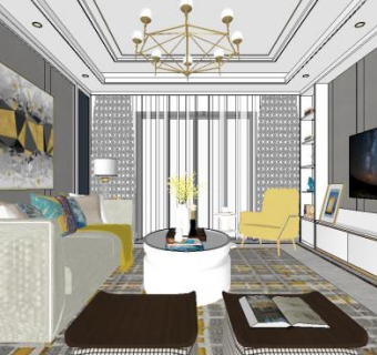 小美风格室内客厅餐厅整体SU模型下载_sketchup草图大师SKP模型