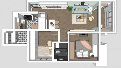 北欧浅色系两室两厅SU模型下载_sketchup草图大师SKP模型