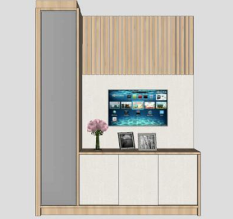 简单的木制电视墙电视柜SU模型下载_sketchup草图大师SKP模型
