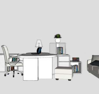 整套办公桌书桌沙发书柜组合SU模型下载_sketchup草图大师SKP模型