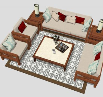 新中式现代组合沙发sketchup模型下载_sketchup草图大师SKP模型