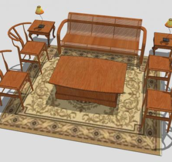 现代中式木组合沙发SU模型下载_sketchup草图大师SKP模型