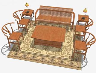 现代中式木组合沙发SU模型下载_sketchup草图大师SKP模型
