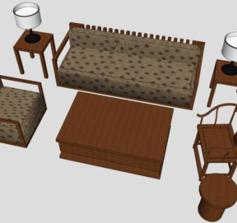 中式仿古组合沙发SU模型下载_sketchup草图大师SKP模型