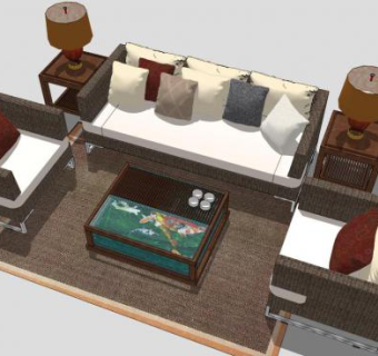 新中式现代木质组合沙发SU模型下载_sketchup草图大师SKP模型