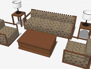 新中式现代木制组合沙发SU模型下载_sketchup草图大师SKP模型