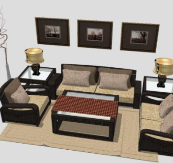 新中式简约现代木制组合沙发SU模型下载_sketchup草图大师SKP模型