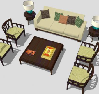 现代中式木质组合沙发SU模型下载_sketchup草图大师SKP模型