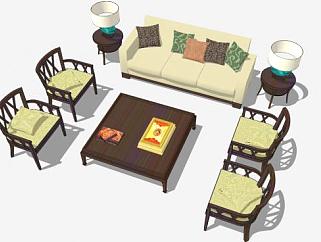 现代中式木质组合沙发SU模型下载_sketchup草图大师SKP模型