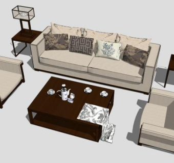 新中式布质组合沙发SU模型下载_sketchup草图大师SKP模型