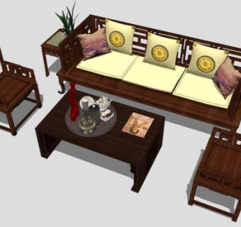 古典中式木质组合沙发SU模型下载_sketchup草图大师SKP模型