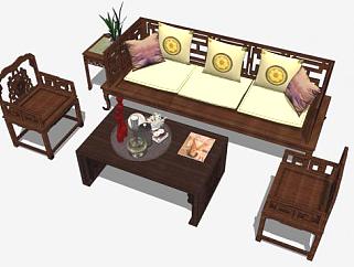 古典中式木质组合沙发SU模型下载_sketchup草图大师SKP模型