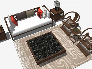 中式现代木质组合沙发SU模型下载_sketchup草图大师SKP模型