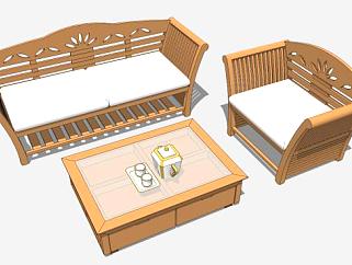 中式古典木质组合沙发SU模型下载_sketchup草图大师SKP模型