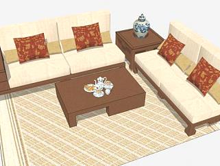 新中式木质组合沙发SU模型下载_sketchup草图大师SKP模型