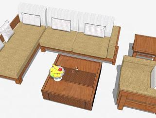 木质中式古典组合沙发SU模型下载_sketchup草图大师SKP模型