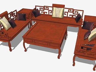中式古典实木组合沙发SU模型下载_sketchup草图大师SKP模型