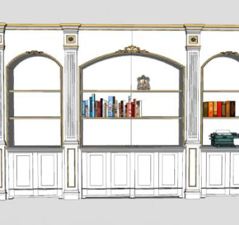 欧式书柜书架墙SU模型下载_sketchup草图大师SKP模型