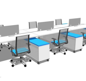 职工办公桌椅一排SU模型下载_sketchup草图大师SKP模型