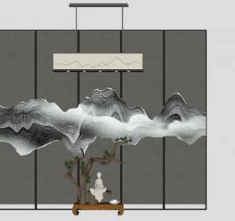 新中式风格背景墙SU模型下载_sketchup草图大师SKP模型