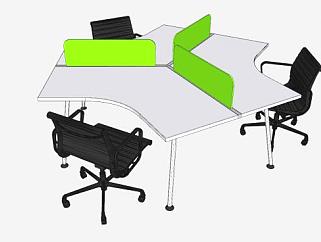 三人座办公桌椅SU模型下载_sketchup草图大师SKP模型