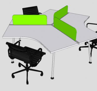 三人座办公桌椅SU模型下载_sketchup草图大师SKP模型