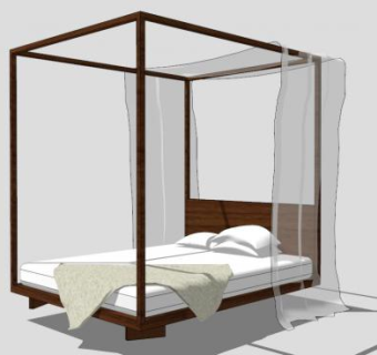 中式现代简约高档木质双人床SU模型下载_sketchup草图大师SKP模型