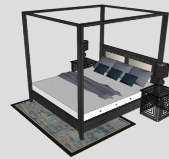 现代中式风格高档木质双人床SU模型下载_sketchup草图大师SKP模型