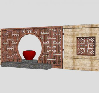 新中式古风景墙sketchup模型下载_sketchup草图大师SKP模型