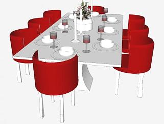 现代8人座长方形餐桌椅家具SU模型下载_sketchup草图...