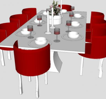 现代8人座长方形餐桌椅家具SU模型下载_sketchup草图大师SKP模型