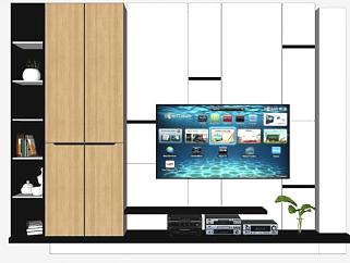 现代木质电视背景墙电视柜SU模型下载_sketchup草图大师SKP模型