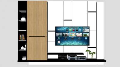 现代木质电视背景墙电视柜SU模型下载_sketchup草图大师SKP模型
