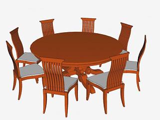 圆形实木餐桌椅家具SU模型下载_sketchup草图大师SKP模型